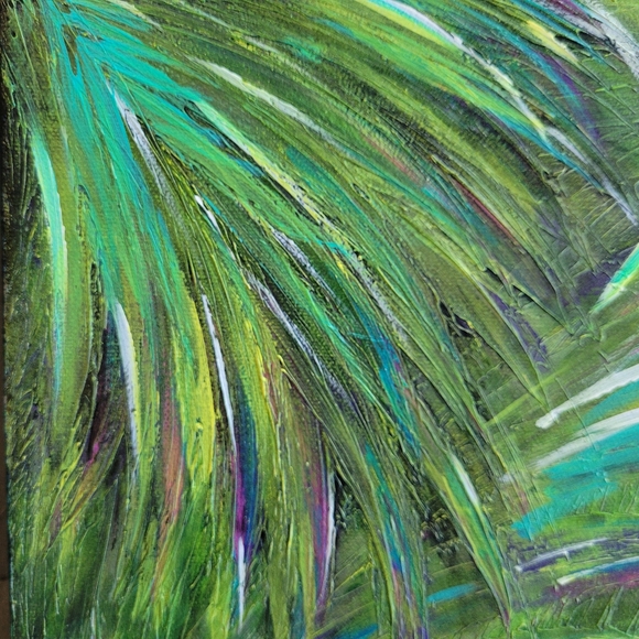 Original Acrylic Peacock Palm Feathers Abstract Painting Gallery Canvas 11x14 - Picture 7 of 14